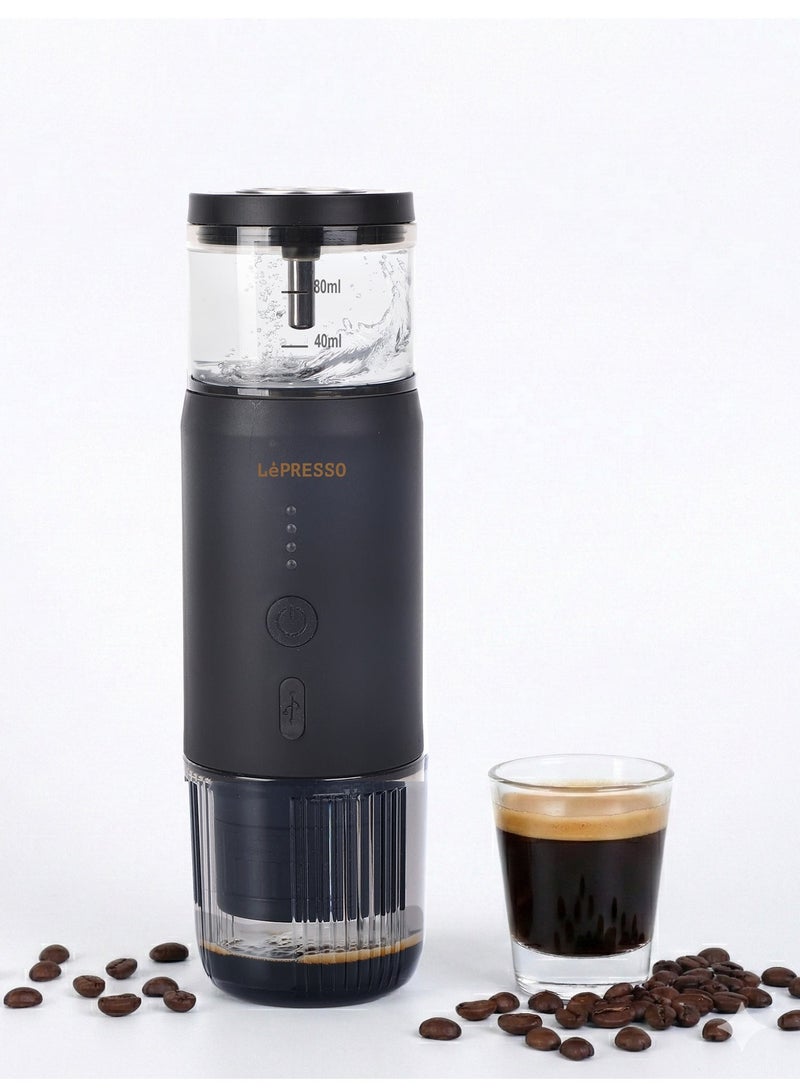 LePRESSO Portable Espresso Coffee Machine with 15 Bar Pressure / 80ml Water Tank / 135W Power / Temperature Gauge / Nespresso Capsule & Ground Coffee Powder Intake / Best Espresso Maker for Camping & Travel - Black - Image 1